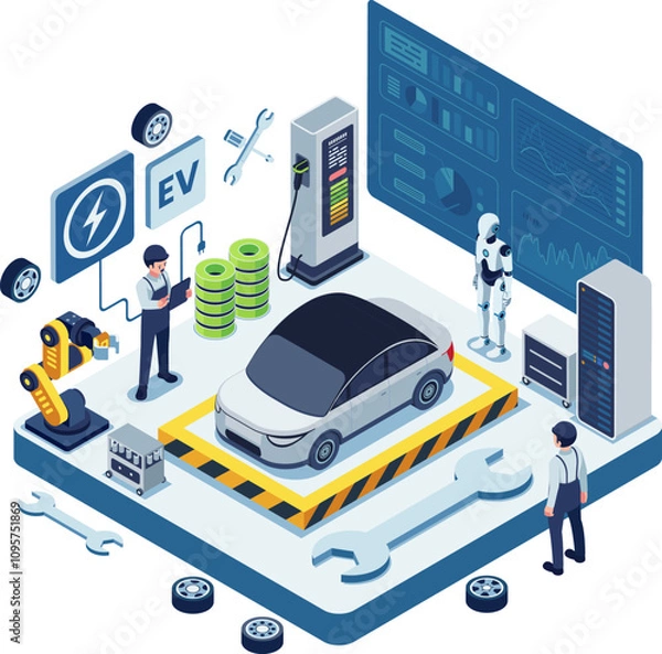 Fototapeta Isometric Electric Vehicle Maintenance with AI and Robotics