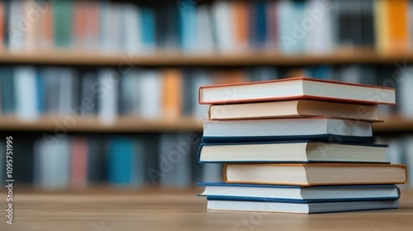Fototapeta A stack of books on a table in front of a library