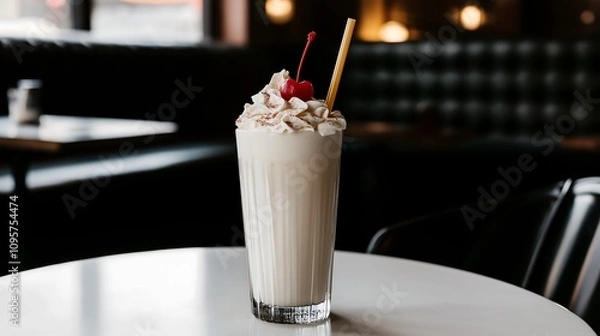 Fototapeta A rich, creamy milkshake topped with whipped cream, a cherry, and a straw, served in a tall glass on a table in a cozy, stylish setting.