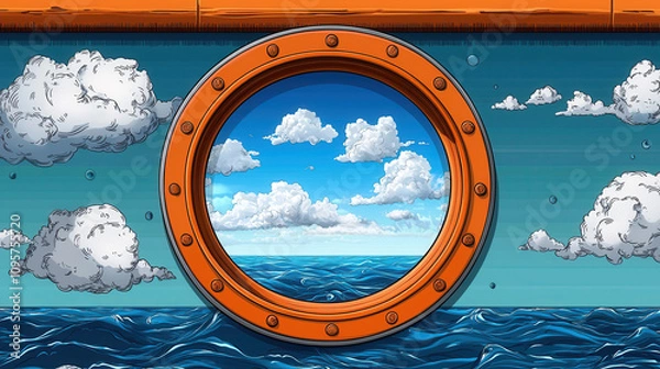 Fototapeta vibrant porthole view reveals stunning ocean and sky, showcasing fluffy clouds and deep blue waters. This retro design captures essence of maritime adventure and tranquility