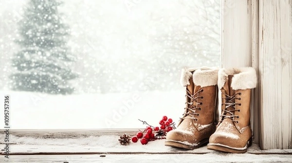 Obraz Cozy boots by the snow-covered window during winter holiday season.