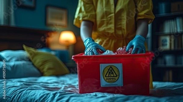 Obraz Person handling waste in a dimly lit bedroom environment