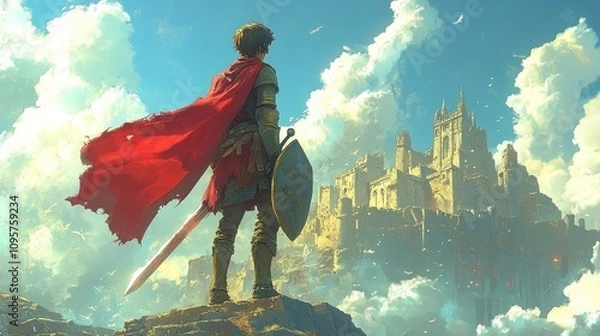 Obraz Heroic knight contemplating a grand castle under a vibrant sky