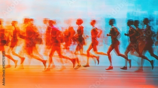Obraz Blurred runners in vibrant motion. Illustrates speed, competition, and athleticism; ideal for sports, fitness, or energy themes.