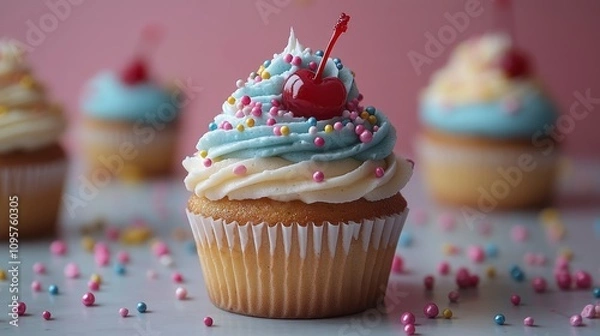 Fototapeta Colorful cupcake topped with icing and a cherry