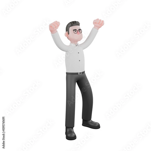 Fototapeta 3D Filmmaker Producer. A male producer stands with both hands raised and clenched. Animation