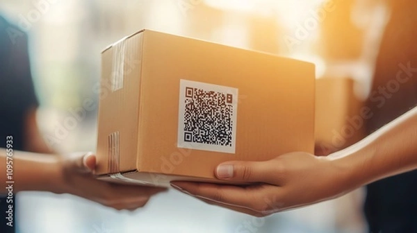 Obraz Delivery process of a package with a QR code being handed over.