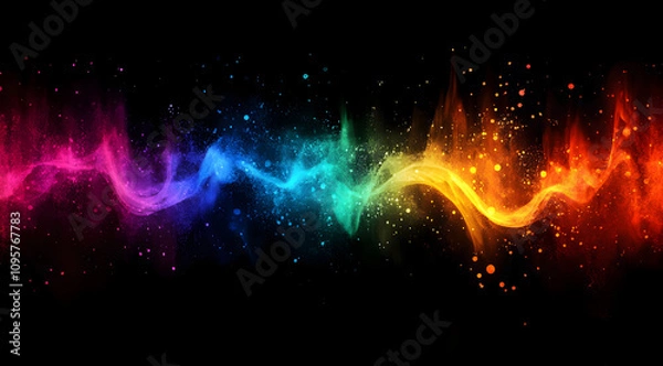 Obraz A vibrant, colorful soundwave design with dynamic movement and a dark background, showcasing a blend of rainbow hues and sparkling elements.