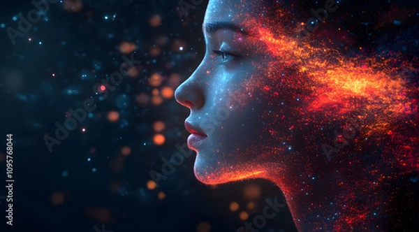 Fototapeta A captivating profile of a woman with vibrant cosmic elements, blending beauty and mystique in a dark, starry backdrop.