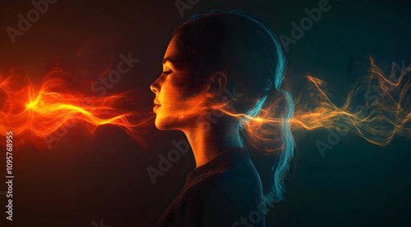 Fototapeta Ethereal profile of a woman surrounded by colorful, flowing light, symbolizing energy, creativity, and transformation.