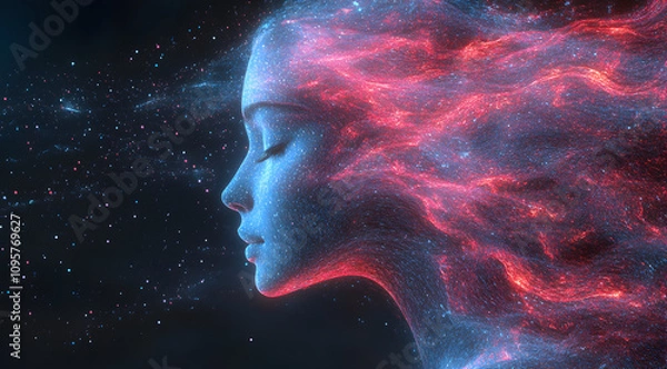 Fototapeta A digital art piece featuring a serene female profile with vibrant cosmic colors swirling around, suggesting a connection to the universe.