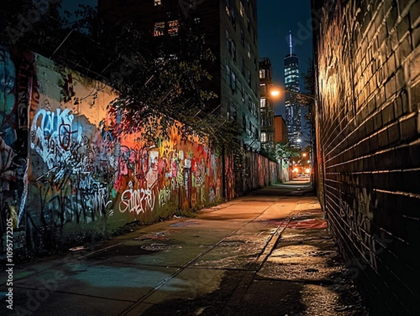 Obraz nighttime scene of illuminated graffiti on city wall, showcasing vibrant colors and urban art. street is wet, reflecting city lights, creating moody atmosphere