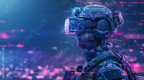 Obraz A soldier wearing a futuristic VR headset stands against a backdrop of glowing blue and pink lights.