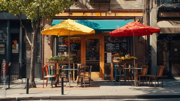 Obraz quaint cafe on city street featuring outdoor seating with colorful umbrellas. inviting atmosphere is perfect for enjoying meal or coffee