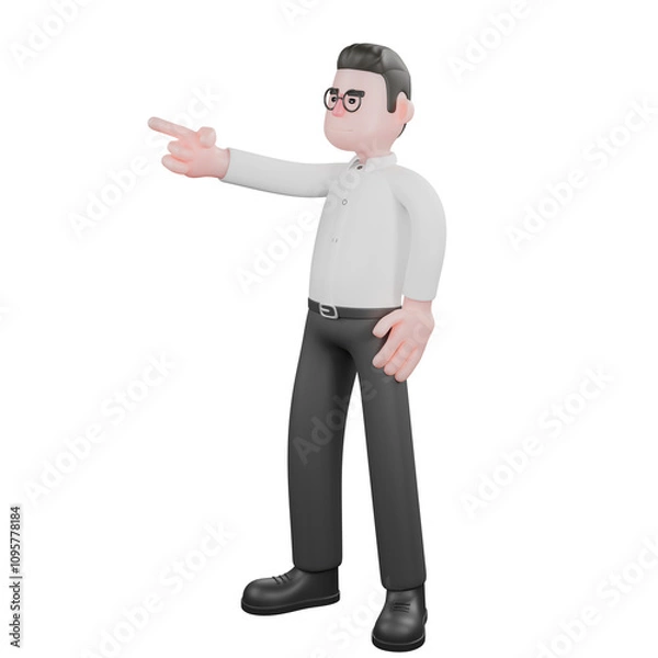 Fototapeta Animated 3D Cartoon. A male producer stands while pointing forward with his right hand, and his left hand is on his waist. Film Style