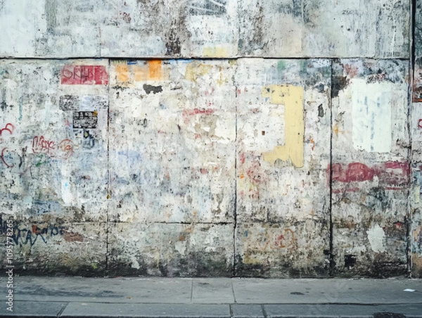 Fototapeta weathered wall displaying layers of graffiti and peeling paint, showcasing urban decay and artistic expression. textures and colors create striking visual impact