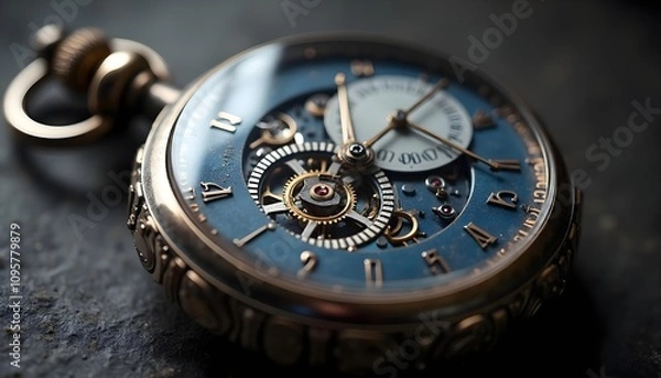 Fototapeta The dial has complex gears, hands, and blue and gold markings, a close-up of an antique pocket watch