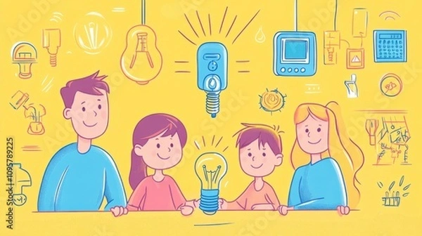 Fototapeta Children with lightbulb and hand drawn icons on yellow background. family education for energy-saving at home.