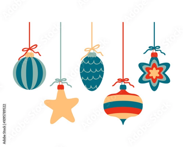 Obraz Minimalist style Christmas ornaments print. Perfect for tee, banner, flyer, label, postcard, sale, stickers. Isolated vector illustration.