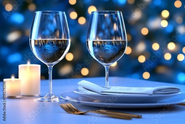 Fototapeta A romantic apartment dining area, set for two with candles, elegant tableware, and soft ambient lighting