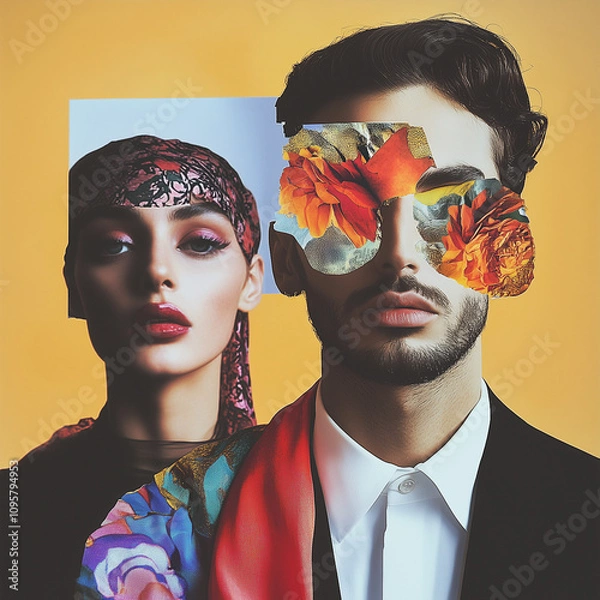Fototapeta Double Portrait with Floral Eye Motifs and Elegant Color Contrast