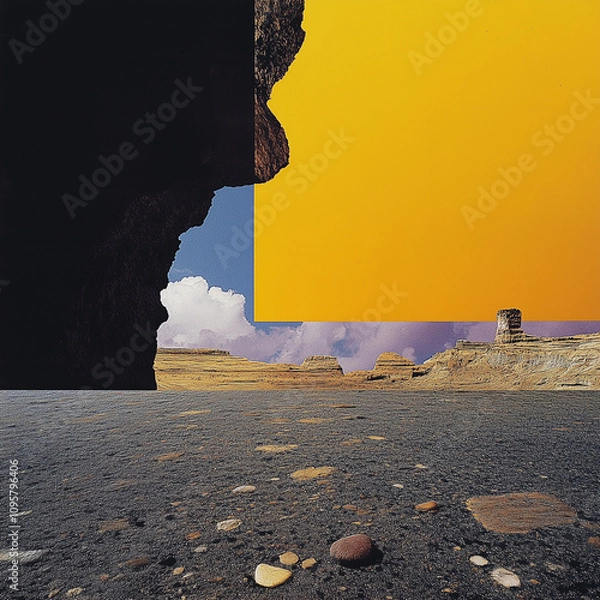 Fototapeta Cracked Desert Ground Framed by Geometric Shadows and a Bold Horizon