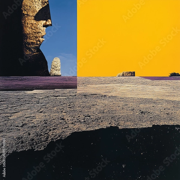 Fototapeta Desert Landscape with Sculptural Forms Against a Bold Yellow Sky