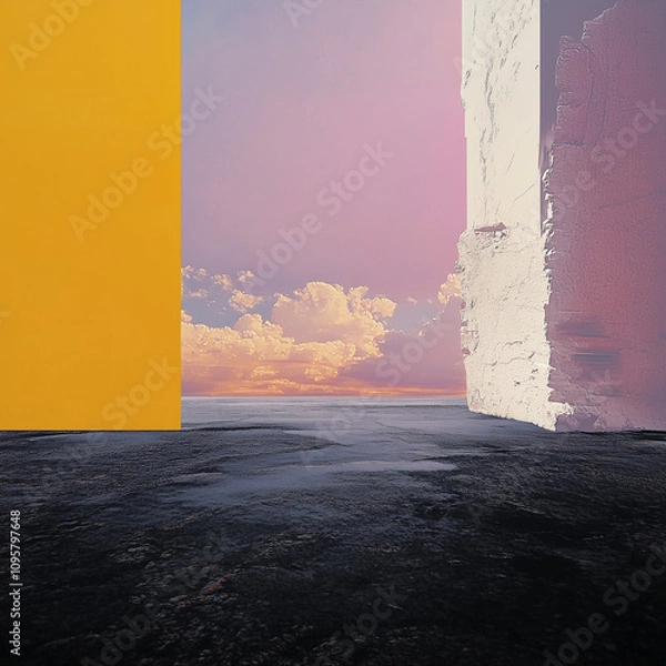 Fototapeta Surreal Horizon Framed by Yellow and White Geometric Structures