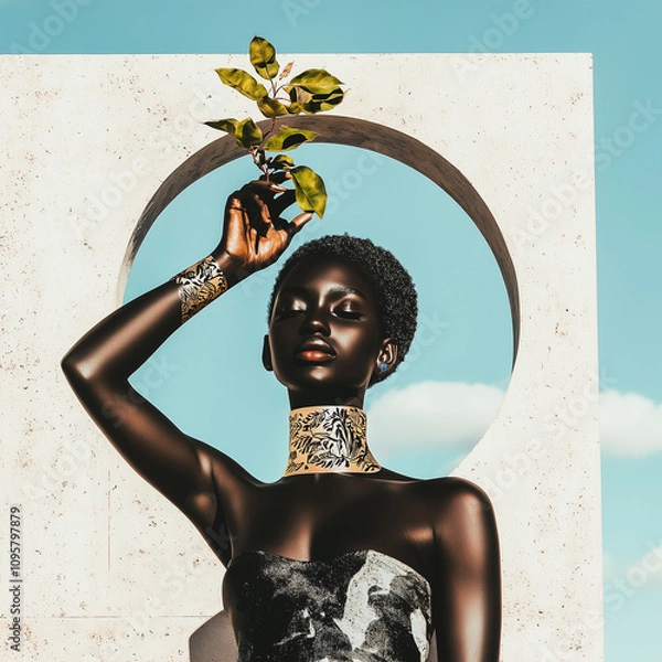 Fototapeta Elegant Black Woman with Orb Motif in Minimalist Archway
