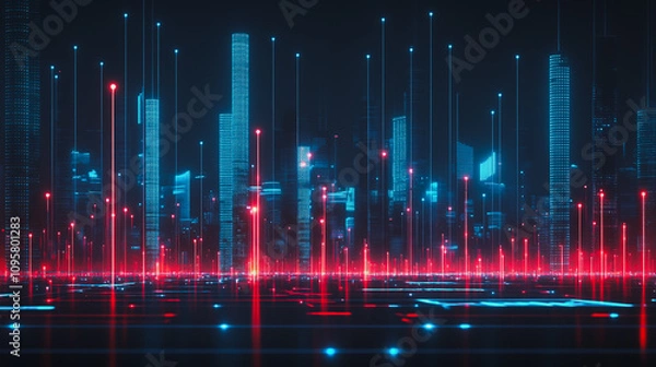 Fototapeta Smart digital Innovation city with connection network reciprocity over the cityscape. of future smart wireless digital city and social media networking systems that connects people with in city