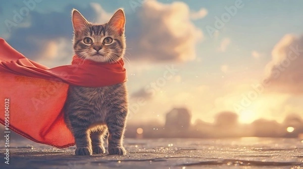 Fototapeta Courageous Cat in Red Cape Standing Confidently on Rooftop Backdrop at Sunset
