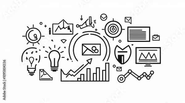 Fototapeta Creative set of 15 black and white outline digital marketing icons featuring project milestones work processes business planning and success achievement in a minimalist modern graphic design style