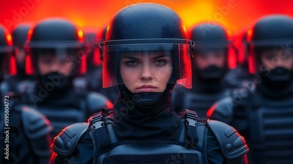 Fototapeta A strong female police officer stands in formation, symbolizing power and control in a tense environment.