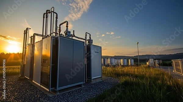 Fototapeta Hydrogen fuel cell power system in a rural eco friendly setting with a picturesque sunset landscape