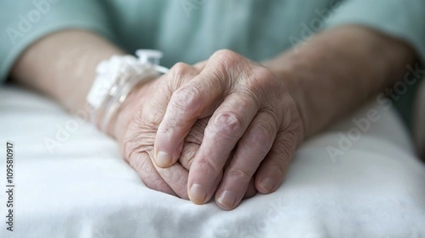 Fototapeta An elderly person's hands resting on a white surface, conveying themes of care, compassion, and connection in a soft ambiance.