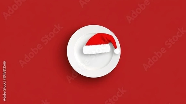 Fototapeta 75.A minimalist Christmas concept for a restaurant, featuring a white plate centered on a red background, with a Santa hat adding a fun and festive touch. The simple, bold colors make the design
