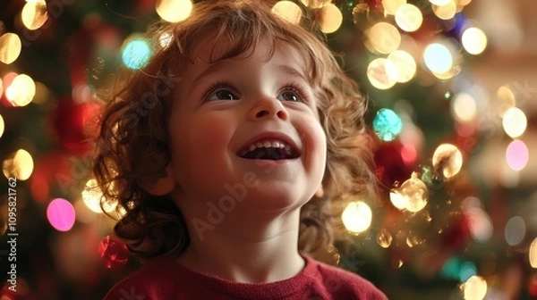 Fototapeta A child in front of a Christmas tree, face beaming with excitement as they prepare to open presents
