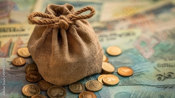 Fototapeta 5.A well-worn canvas money bag tied with a thick rope, set against a backdrop of old coins and currency notes. The drawstring is tightly closed, emphasizing protection and safekeeping. The simple,