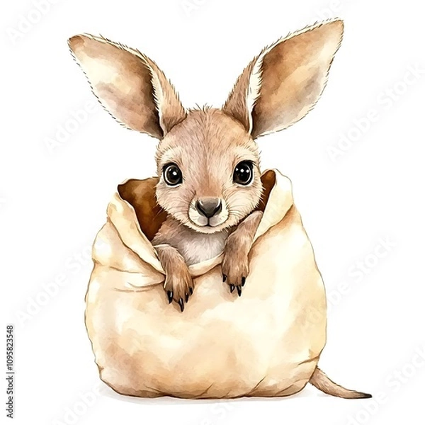 Fototapeta A cute, cartoon-style kangaroo peeking out of a soft bag.