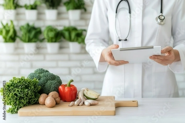 Fototapeta Dietitian offering virtual consultation to patient, discussing nutrition plan over video call, modern technology enhancing access