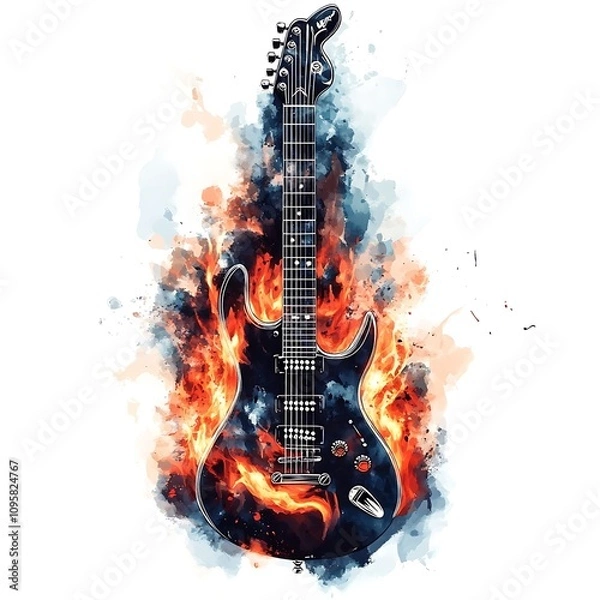 Fototapeta A fiery electric guitar surrounded by vibrant flames and splashes of color.