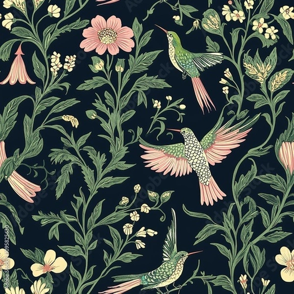 Obraz A seamless pattern of pink and green hummingbirds flying amongst stylized floral branches and blossoms against a dark background.