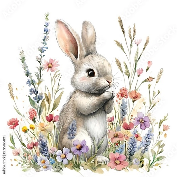 Fototapeta A cute rabbit surrounded by colorful flowers in a whimsical illustration.