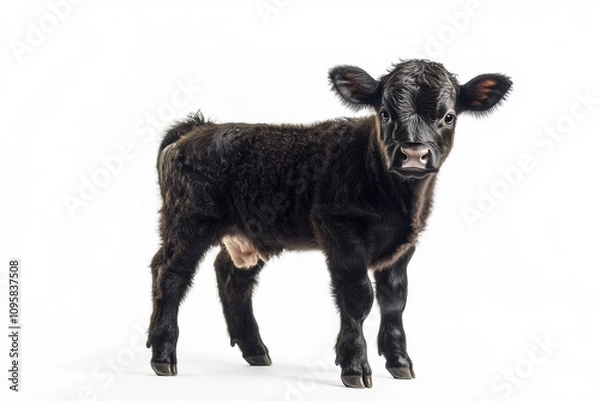 Fototapeta the beside view baby Angus Cow standing, left side view, low angle, white copy space on right, Isolated on White Background