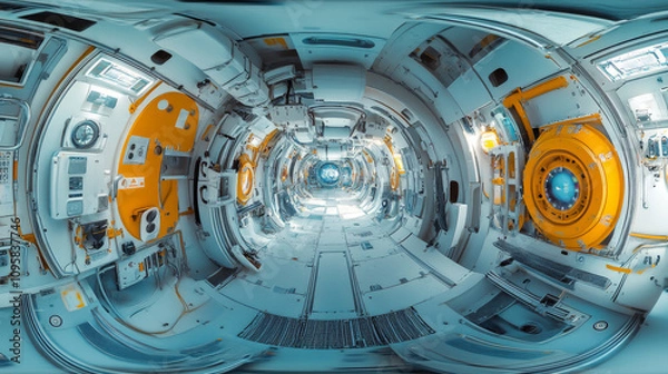 Obraz 360 degree panorama view.A futuristic space lab, shown in a 3D image, depicts advanced technology.