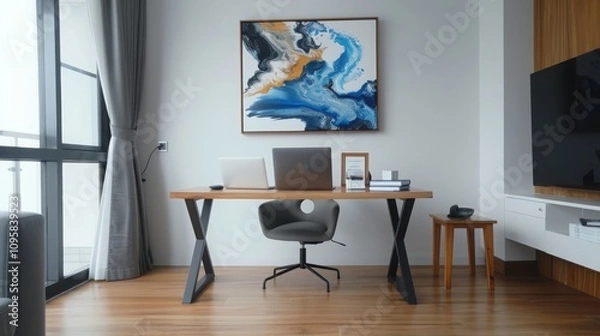 Fototapeta Create a serene minimalist home office neutral toned chair laptop and abstract art in a bright environment for productivity