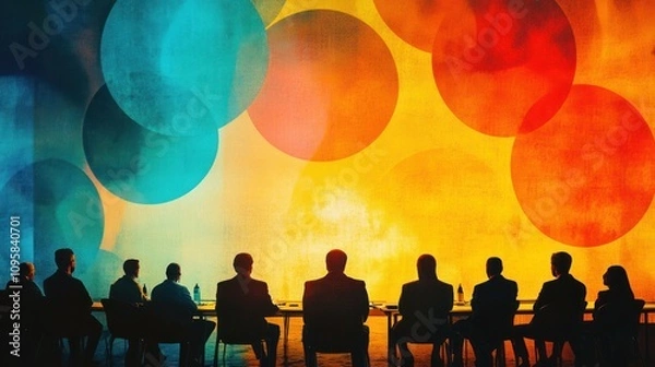 Fototapeta Silhouetted figures in a meeting with vibrant abstract circles in the background.
