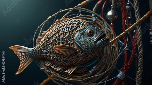 Fototapeta a fish sculpture with a fish in it ' s mouth.