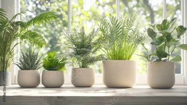 Fototapeta Botanical Bliss: Tranquil Indoor Scene with Potted Plants on Sunlit Windowsill