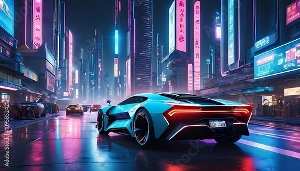 Obraz Futuristic cityscape at night, neon lights, cyberpunk vibe, flying cars, high-tech architecture